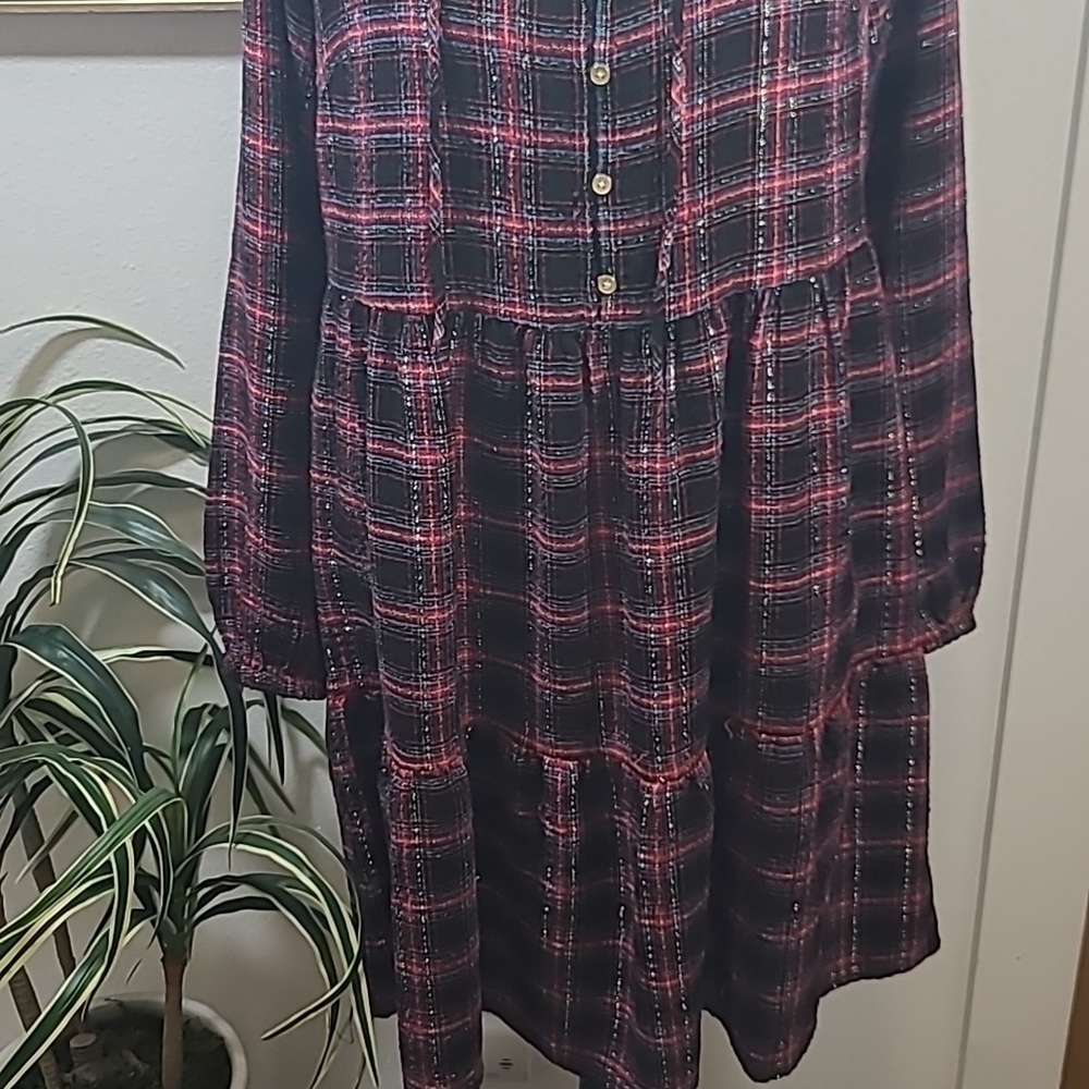 LOFT plaid metalic gold strip prairie dress - Picture 3 of 11